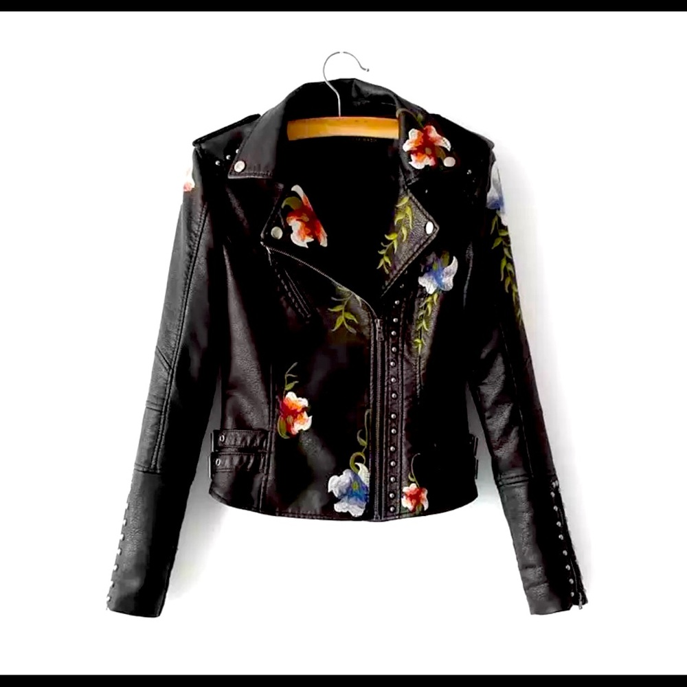 NEW Flower Print Leather Jacket Black